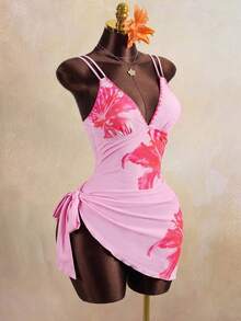 Mistrie Women's Hibiscus Floral Contrast Trim Tank Top 3 Pieces Set, Beach Holiday Party Style - Pink - View 3