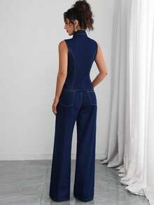Selianne Women's Metal Starfish Vest And Pants Casual European Denim Set Vacation Navy Blue Summer - Blue - View 3
