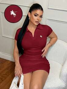 SHEIN SXY 翻領簡約休閒商務刺繡洋裝 - 酒紅色 - 查看 4