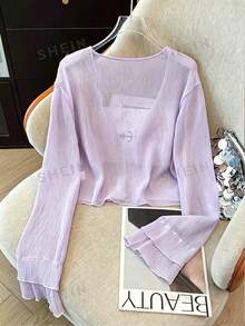 K-Vae 女款柔軟紋理防曬開襟衫，夏季輕盈透視珍珠鈕扣短版外套披肩 - 紫色 - 查看 2