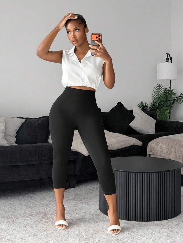 BamGleam Seamless Knit Sexy Basic Casual 7/10 Length Pants Gym Black Summer