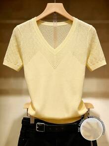 valorelle valorelle Women's Vintage V-Neck Diamond Hollow Patchwork Short Sleeve Ribbed Knit Top - Yellow - View 4
