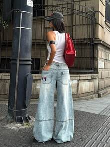 Coolane 女款春夏街頭風外出演唱會穿搭 Y2K 牛仔女郎休閒復古水洗寬腿牛仔褲 低腰棉質香蕉哈倫褲 - 淺色水洗藍 - 查看 6