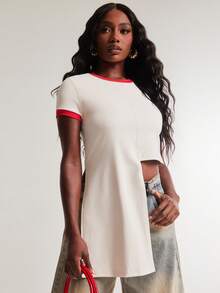 NYA SZN Blusa de moda para mujer versátil con rayas, bloques de color y dobladillo asimétrico - Multicolor - View 1