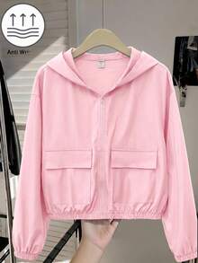 SHEIN 青少年女孩編織純色貼袋短版寬鬆休閒街頭風連帽外套，適合秋季與夏季 - 粉色 - 查看 7