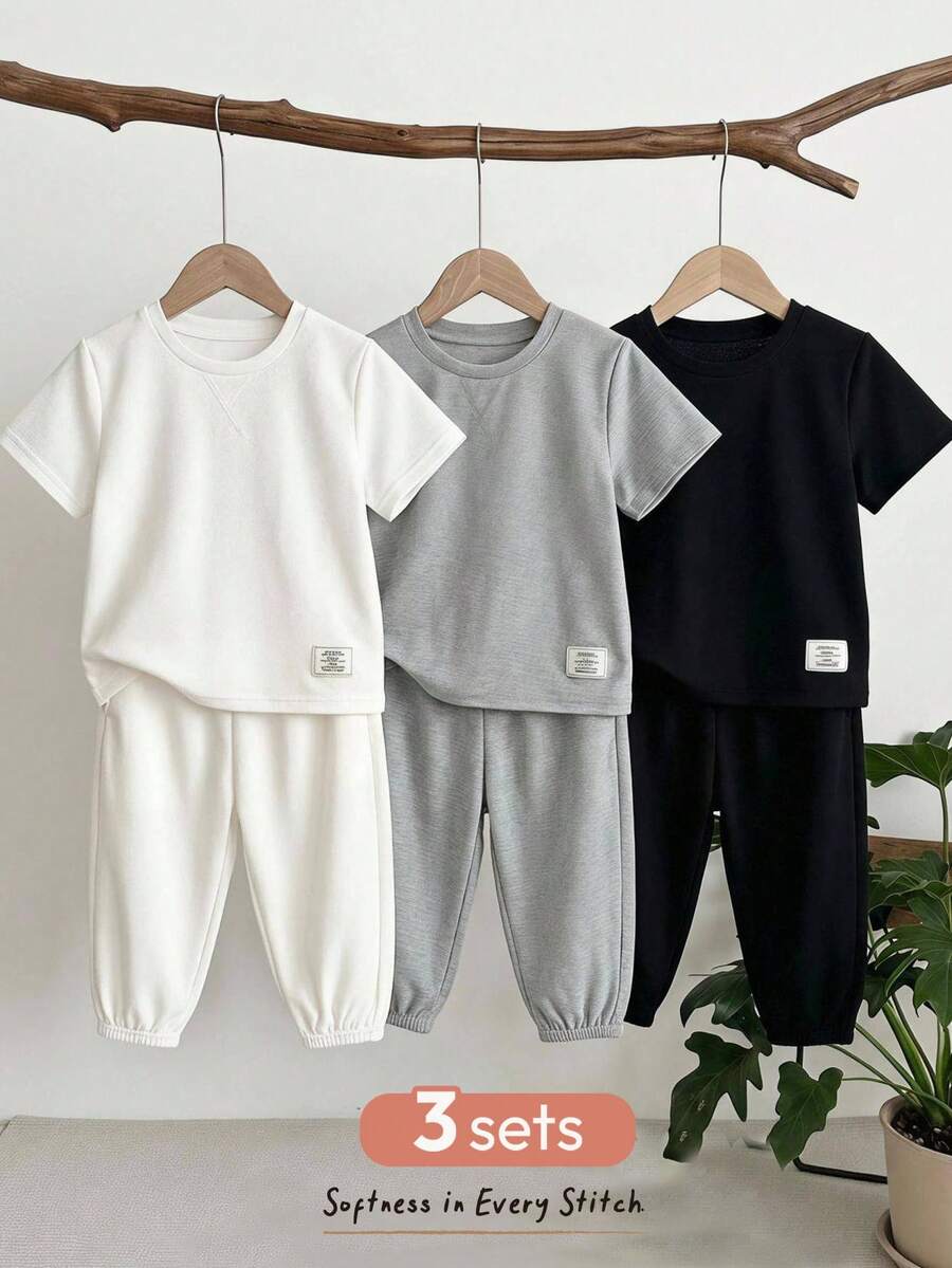 SHEIN 兒童 Young Bo 極簡百搭丹寧圓領短袖T恤與寬鬆長褲3件套 6件/包 - 灰色 - 查看 1