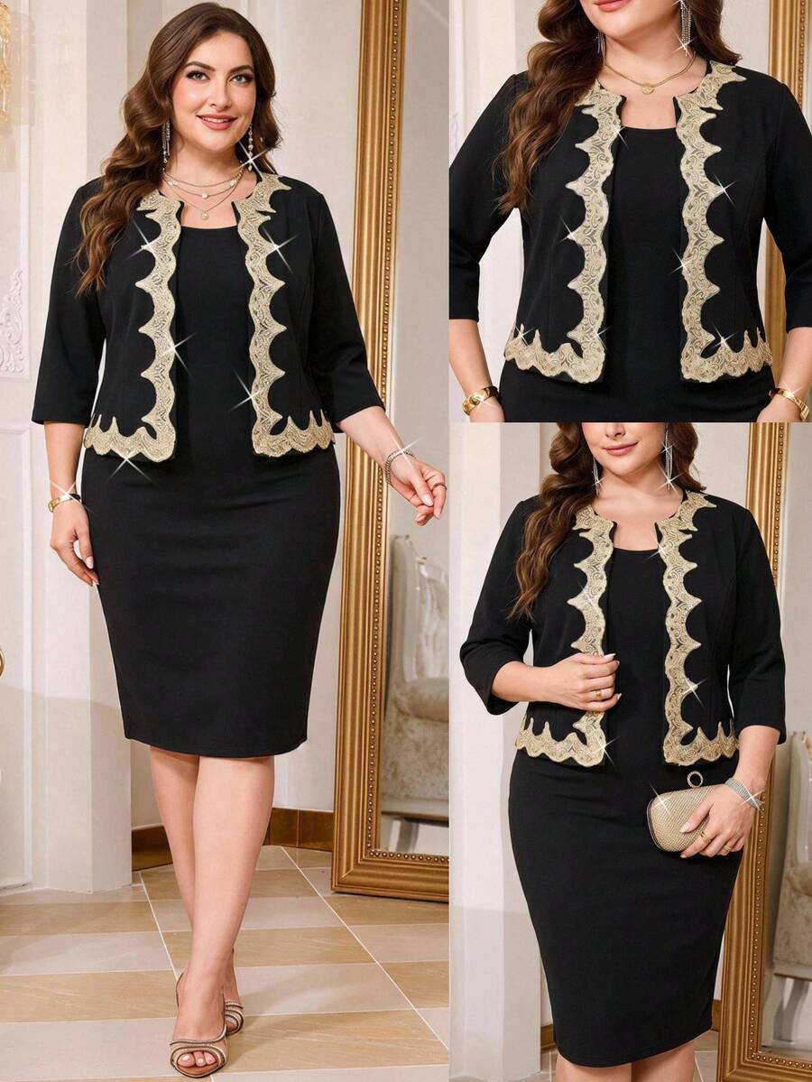 Ellevyn Fashion Elegant Lace Decor Top Dress 2 Pieces Set Plus Size Cocktail Gym Brown Autumn Fall