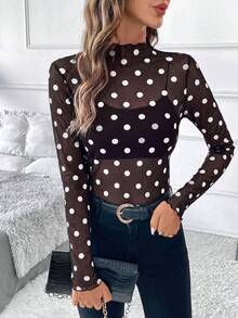 SHEIN Clasi 女款優雅性感豹紋網紗修身上衣 - 棕色 - 查看 4