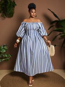 Maweii Robe élégante grande taille à épaules dénudées, blocs de couleurs rayé, manches lanternes et taille cintrée - Multicolore - Voir 4