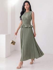 Heiryn Women's Solid Color Pleated Ruffle Hem Shirt And Skirt Elegant Frenchy French Two Pieces Set Vacation Sage Green Summer Daytime Drinks Holiday Party - Army Green - View 6