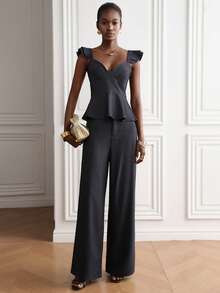 Korevelle Summer Autumn Sweetheart Neck Ruffle Shoulder Strap Slim Fit Top With Wide Leg Pants Charcoal Gray Women's 2 Pieces Set Party Brunch Going Out Elegant - Navy Blue - View 4