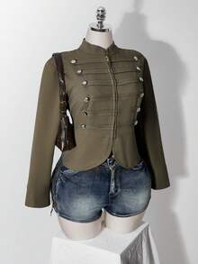 SHEIN ICON 女款大尺碼街頭時尚長袖拉鍊雙排扣夾克 - 軍綠色 - 查看 8