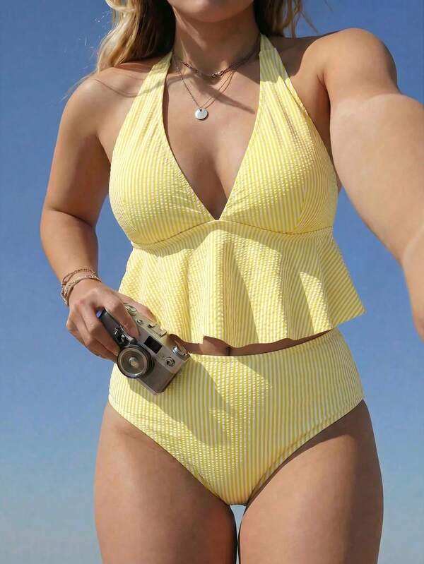 Swim Lushoire 2026 Spring/Summer Hot-Selling New Special Fabric 2-Piece Detachable Padded Bikini Set, Sexy Deep V-Neck With Shoulder Straps And Cute Bow, Unique Skirt-Style Top And Traditional High-Waist Triangle Bottom, Casual Fashion Vacation Style Mature Beach Swimwear