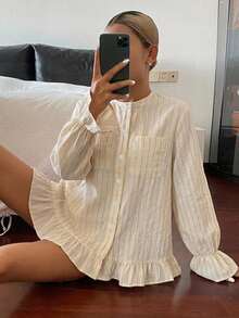 DAZY Vintage Striped Loose Round Neck Hem Lace Pocket Casual Girl Vacation Spring Summer Blouse Women Shirt - Grey - View 1
