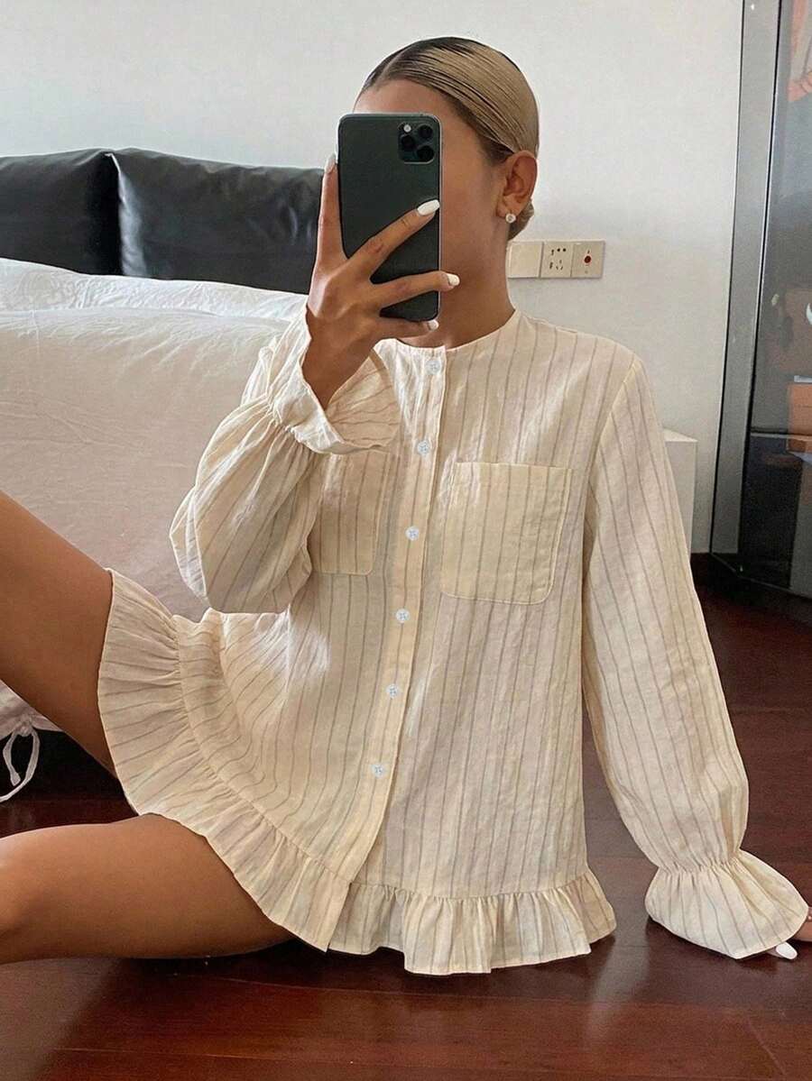 DAZY Vintage Striped Loose Round Neck Hem Lace Pocket Casual Girl Vacation Spring Summer Blouse Women Shirt - Grey - View 1
