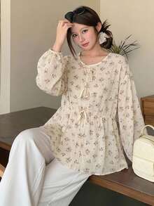 DAZY 女款圓領蝴蝶結寬鬆版型夏季襯衫 - 杏色 - 查看 7