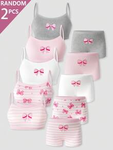 SHEIN 2 Random Sets Bow Print Comfortable Combination Girls Toddler Young Girl Camisole & Shorts - Multicolor - View 1