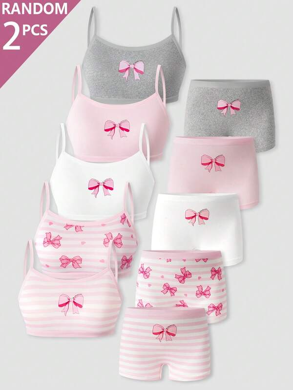 SHEIN Random 4pcs/Set Bow Print Comfortable Combination Girls Toddler Young Girl Camisole & Shorts