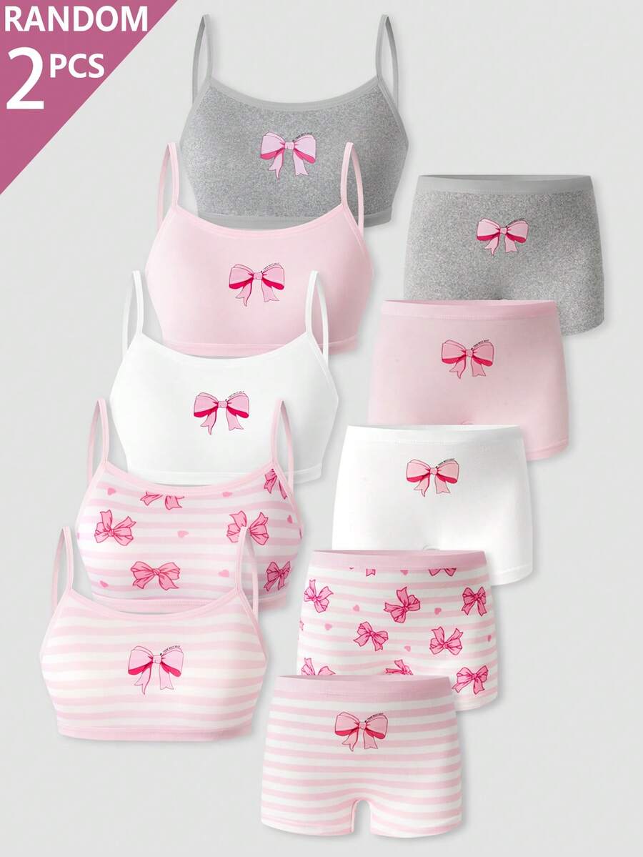 SHEIN 2 Random Sets Bow Print Comfortable Combination Girls Toddler Young Girl Camisole & Shorts - Multicolor - View 1