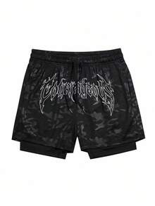 Gym Rark Men's Letter Print Drawstring Waist Sports Shorts, Gym - Black - View 3