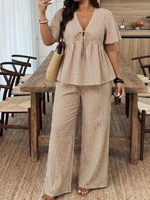 Weeklong Women's Plus Size Spring/Summer Casual Vacation Striped Front Tie Short Sleeve Shirt And Pants 2-Piece Set - Multicolor - View 1
