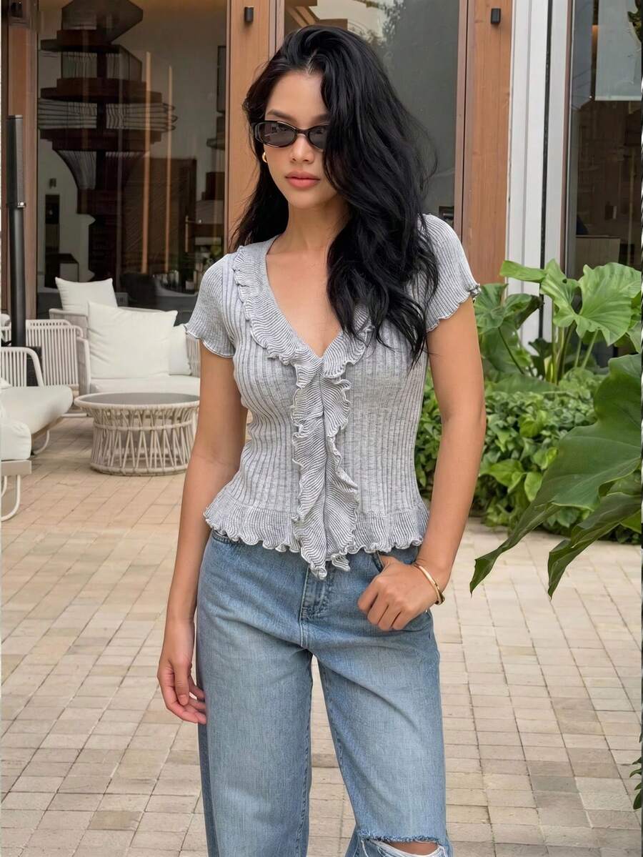 Yunfilé Lightweight Ruffled Hem Knit Cardigan, Summer Brunch Daytime Grey Casual - Grey - View 1
