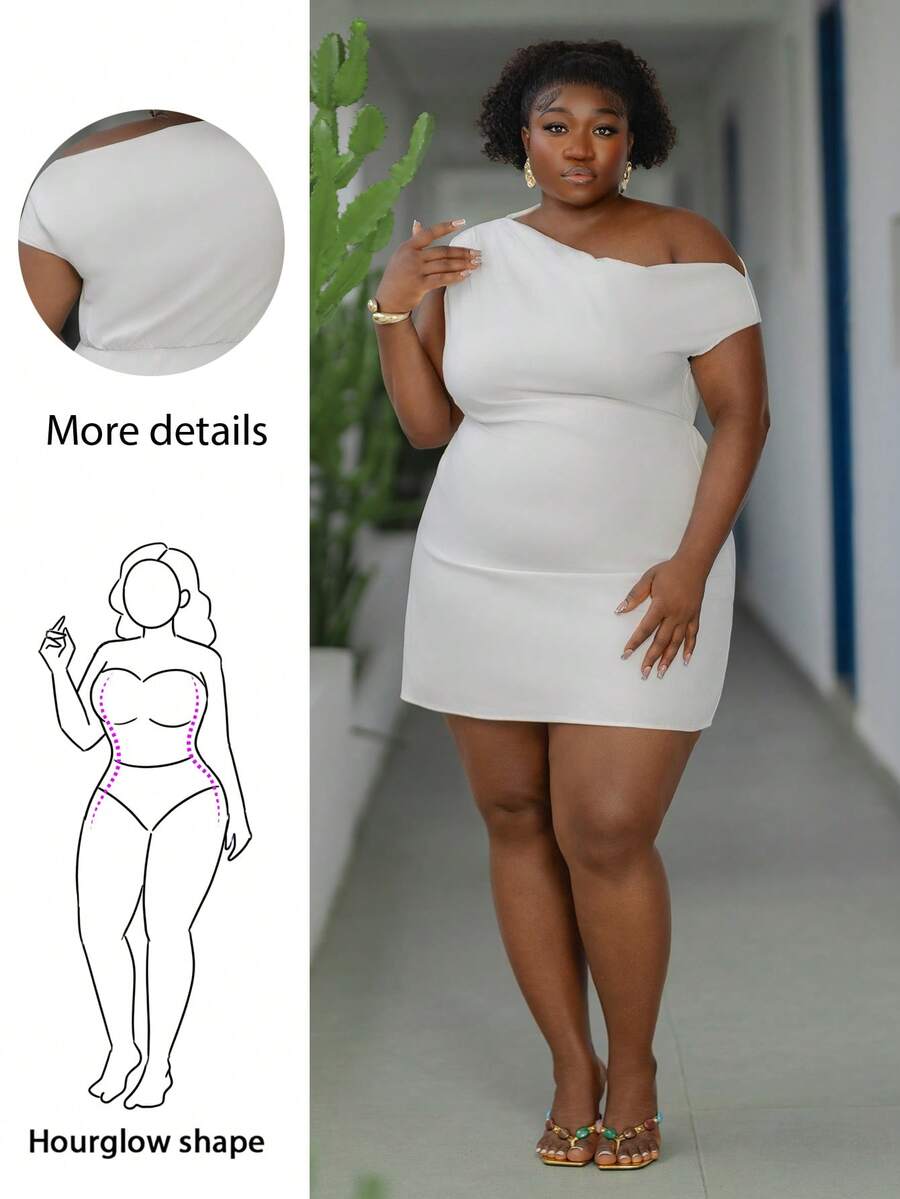 CurvyTilda 大码女式纯色褶皱不对称肩部优雅连衣裙 - 白色 - 查看 1