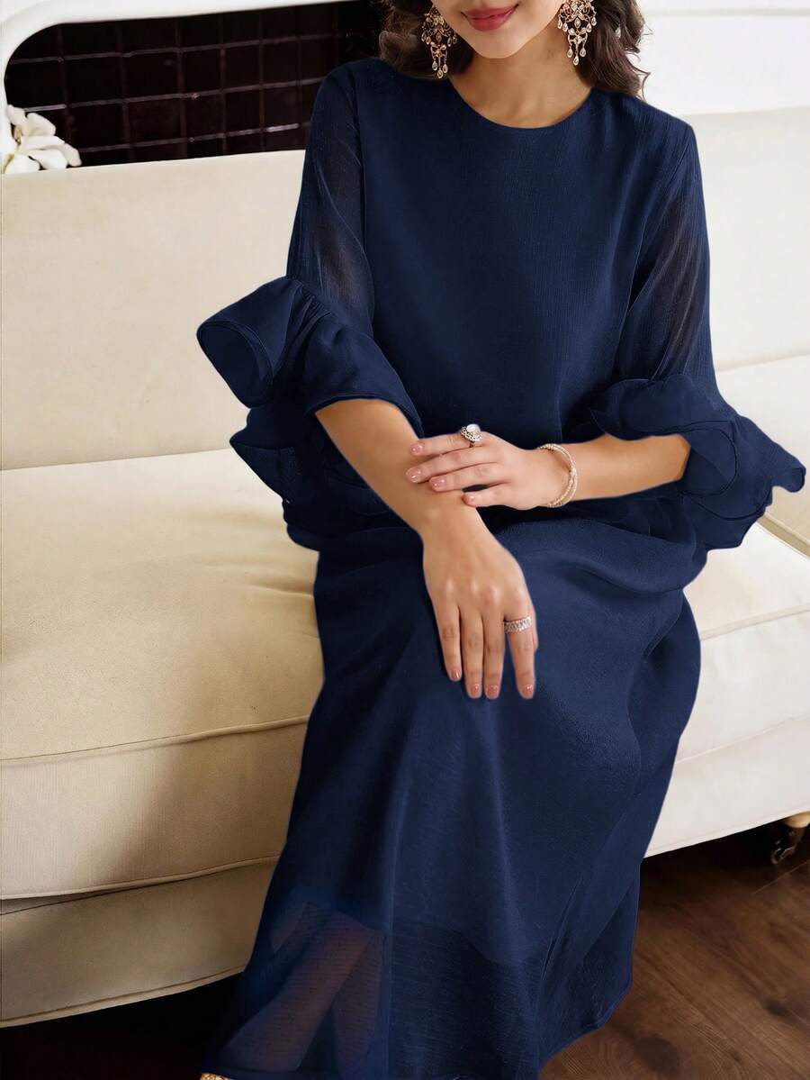 Al Najma 女款純色時尚圓領傳統阿拉伯長襯衫 - 藏蓝色 - 查看 1