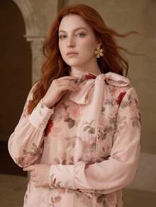 MOTF PREMIUM PLUS SIZE WOMEN'S SPRING/SUMMER ROSE PRINT TIE NECK LANTERN SLEEVE BLOUSE FOR DAILY WEAR AND DATING FALL - Pink - View 5