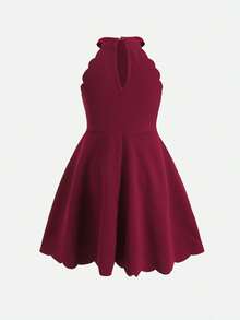 Vestido infantil para niña joven, casual y elegante, de moda, color rojo sólido, cuello alto, sin mangas, con cintura ceñida, corte evasé, bajo con pétalos y bajo curvo, vestido sin mangas, vestido color burdeos, vestido para niños - Burdeos - Ver 4