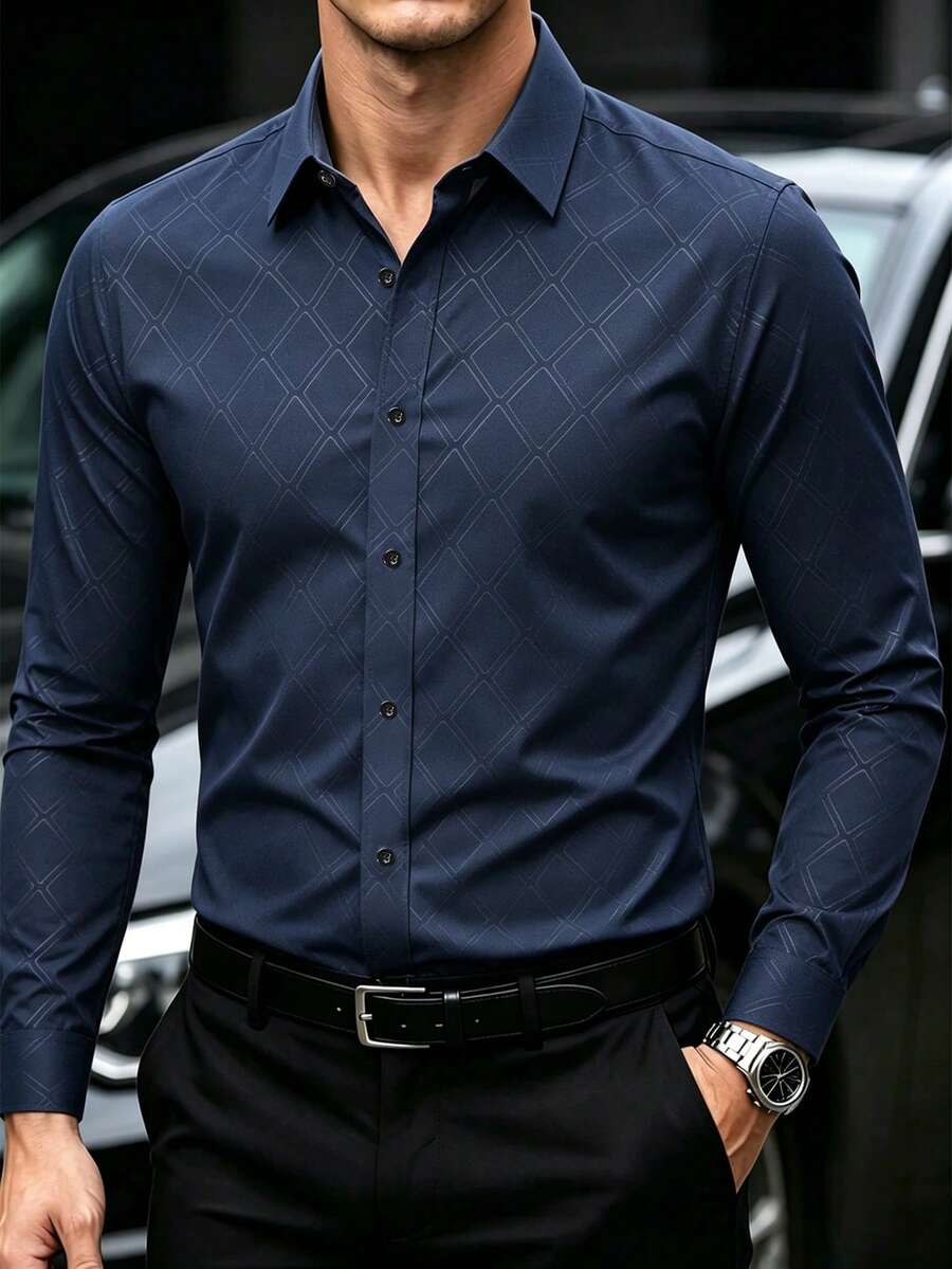 Manfinity Mode 男士深藍色菱格紋印花長袖襯衫,修身版型,商務休閒正裝,秋季穿著,質感面料 - 藏蓝色 - 查看 1