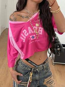 Coolane Camiseta Corta de Talla Grande Casual de Verano con Estampado de Letras y Bloques de Color - Rosa - Ver 4