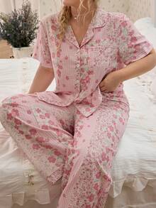 CottageSlumber Romantic Pastoral Floral & Plaid Print Plus Size Pajama Set - Multicolor - View 3