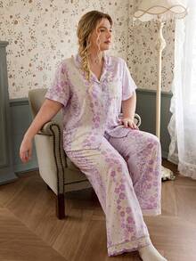 CottageSlumber Conjunto de Pijama Talla Grande con Estampado Floral & Cuadros Romántico Pastoral - Multicolor - Ver 3