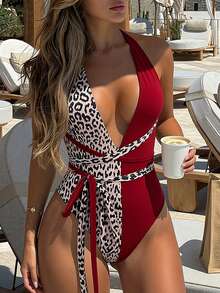 Swim SXY 1 pieza/Set Traje de baño de una pieza con estampado de leopardo aleatorio, corte extremadamente bajo & corte alto - Multicolor - Ver 3