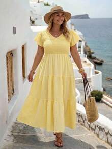 SHEIN CURVE+ Plus Size Women's Butter Yellow Romantic 1950s Vintage Traditional 1920s Spring Ruffle Pink Mid Length Skirt, Bohemian Style, Summer Dress, Vacation - Yellow - View 7