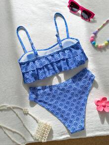 Swim Mod 花卉荷葉邊可愛甜美復古休閒度假海邊海灘女款泳衣套裝 - 藍色 - 查看 5