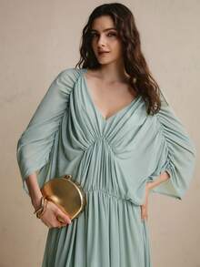 CielaLinda Women's Ruched Batwing Sleeve Chiffon Maxi Boho Elegant Romantic Wedding Sage Green Dress Cocktail Night Autumn - Green - View 8