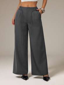 SHEIN PETITE Grey Winter Chic Office Women Elegant Straight Leg Wide Leg Pants,Business Casual Low Rise Baggy Work Clothes,Spring&Summer Fashion Streetwear Y2k ,Petite Women - Grey - View 7