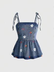 Sweetness Women's Cute Cottagecore Pastoral Strawberry Floral Embroidered Doll Style Denim Top - Blue - View 1