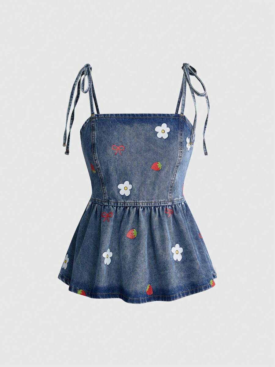 Sweetness Women's Cute Cottagecore Pastoral Strawberry Floral Embroidered Doll Style Denim Top - Blue - View 1