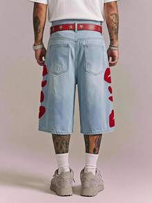 CRAVYNX Streetwear Retro Fashion Versatile Distressed Washed Heart & Lips Embroidery Design Loose Straight Leg Wide Leg Casual Summer Denim Shorts - Light Wash - View 4