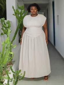 CurvyTilda 2026 Spring/Summer Plus Size Women Solid Color Round Neck Ruched Waist Simple Dress, Suitable For Vacation, Cruise, Travel, Beach, Party, Banquet, Summer Dresses - White - View 7