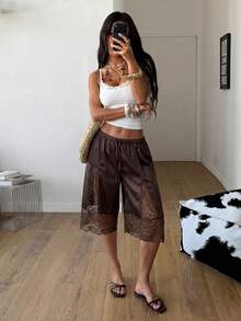 Coolane Pantalones cómodos de mujer con entrepierna marrón, encaje en contraste, para primavera/verano, conciertos, rave, festivales, salidas, feria renacentista, club y fiestas - Café integral - Ver 3