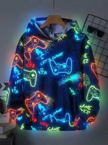 SHEIN 兒童男童電玩印花冬季長袖套頭衛衣，秋季服飾 - 黑色 - 查看 1