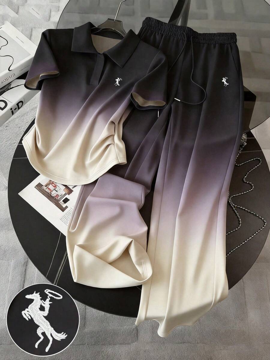 Resyla 彩色漸層數位印花小馬刺繡時尚極簡女款翻領T恤+長褲套裝,送給朋友的禮物 - 彩色 - 查看 1