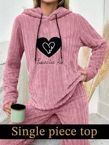 SHEIN Cottnline Women's Letter & Heart Embroidery Long Sleeve Drawstring Hooded Fleece Sleepwear Top - Pink - View 1
