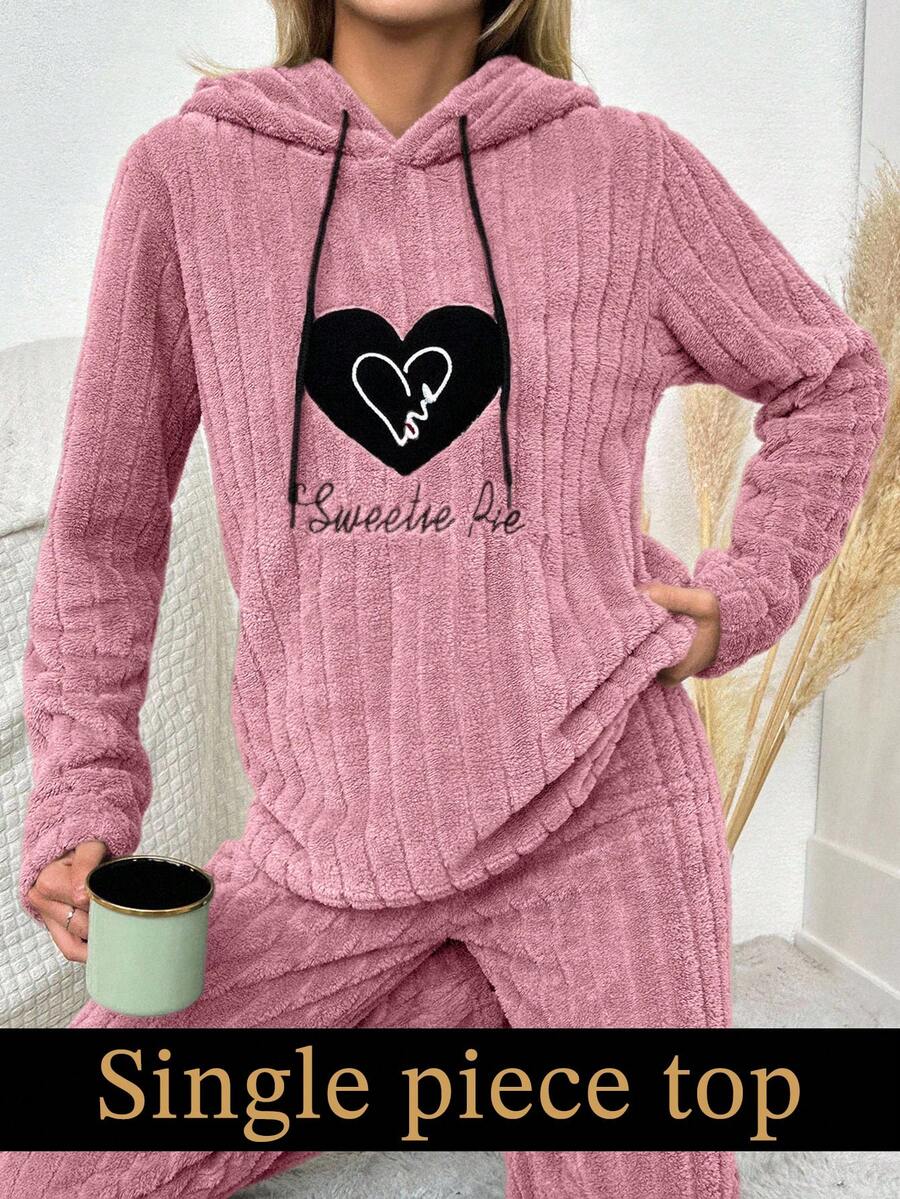 SHEIN Cottnline Women's Letter & Heart Embroidery Long Sleeve Drawstring Hooded Fleece Sleepwear Top - Pink - View 1