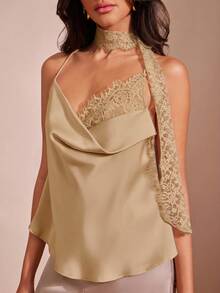 Hauture Women Satin Cowl Neck Inset Attached Scarf Cami Top, Holiday New Years Date Night - Khaki - View 1