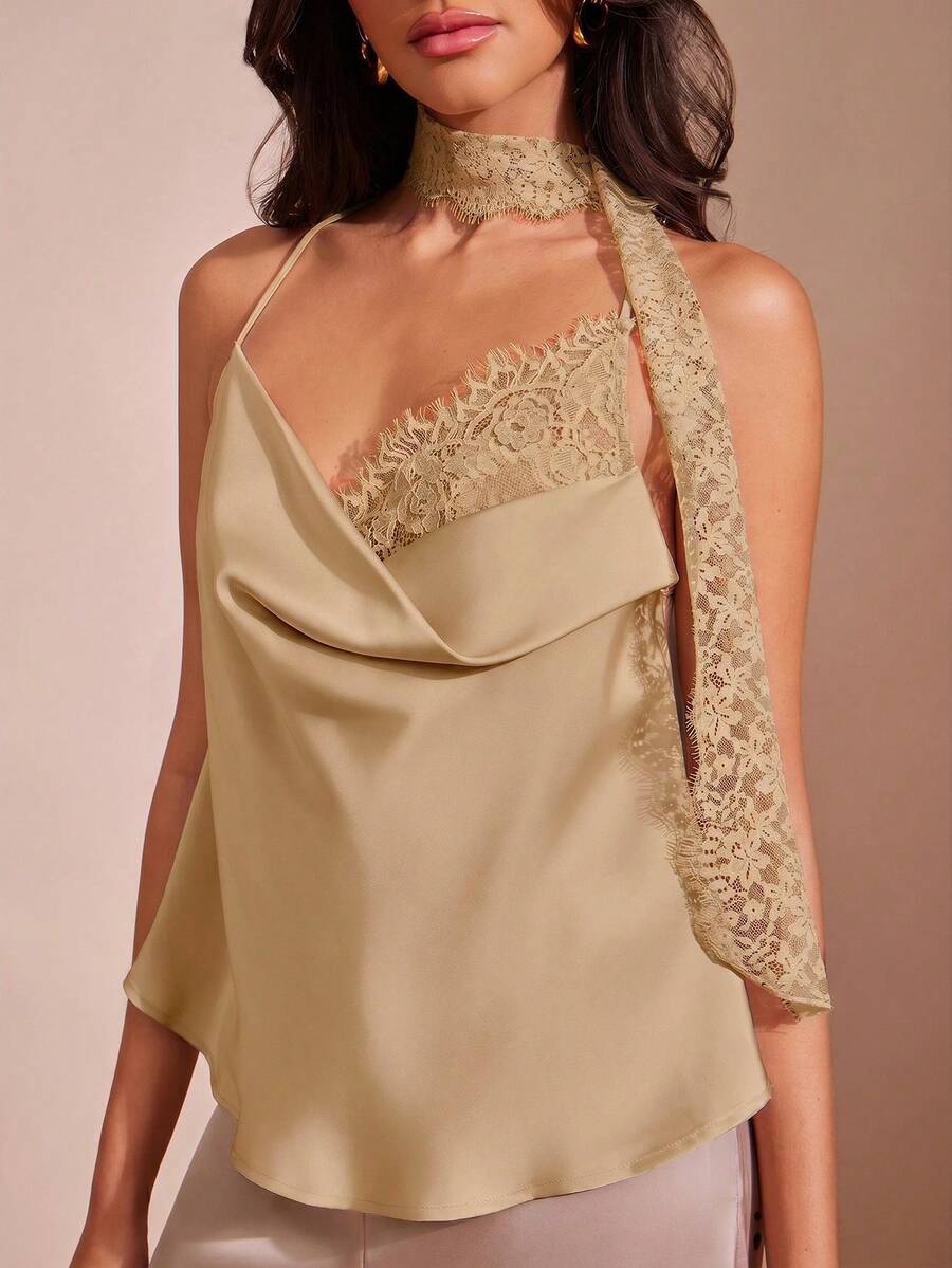 Hauture Women Satin Cowl Neck Inset Attached Scarf Cami Top, Holiday New Years Date Night - Khaki - View 1